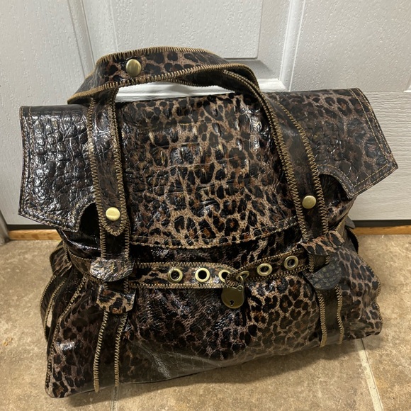 Charlie Lapson Croc Leopard Textured Print Satchel Bag Brass Hardware - Picture 2 of 16